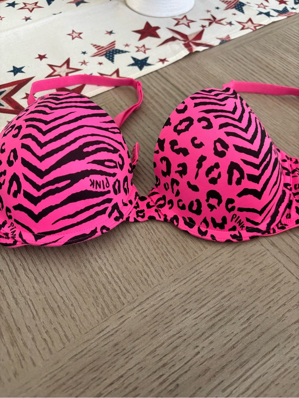PINK Victoria's Secret Neon Pink & Black Animal Print Push-Up Bra